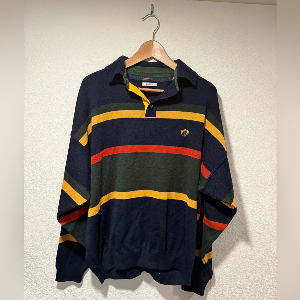 SIGNE INCOGNITO Preppy Wool Blend Striped Rugby Polo Sweater